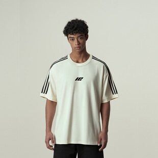 t恤宽松情侣上衣男女 条纹拼接廓形重磅运动E落肩短袖 11E 260g美式