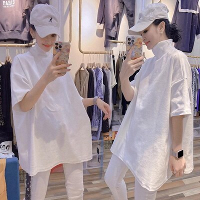 高领短袖打底衫女l秋欧货纯色磨毛遮屁股半袖t恤大版体恤大码上衣