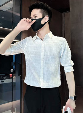 男士七分中袖衬衫夏季潮牌男装2024新款夏装寸衫格子衬衣男款短袖