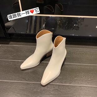 2024秋冬新款韩系n厚底高跟短靴女V口粗跟西部靴瘦瘦靴马丁靴踝靴