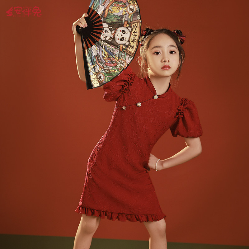 女童晚礼服中式旗袍红色连衣裙花童婚礼小女孩儿童高级感演出国风图片