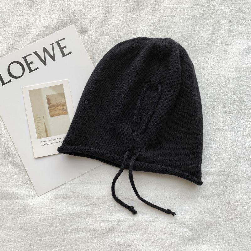 新款日系保暖卷边抽绳大头围毛线帽帽子男堆堆帽男女可通用包头帽