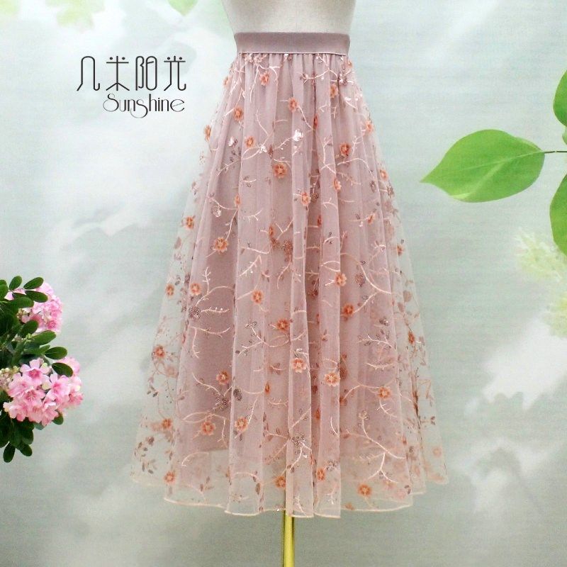 2025春夏立体绣花裙亮片刺绣半身裙 三层A字修身网纱裙仙女范长裙