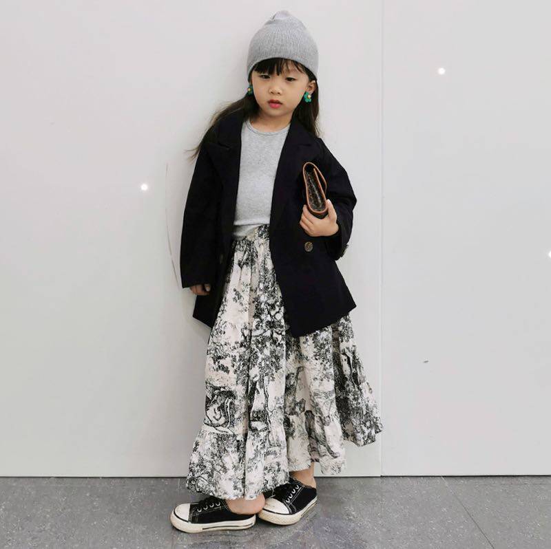 贝拉家韩国女童春夏复古水墨纯棉压皱百褶半身长裙度假风及踝半裙
