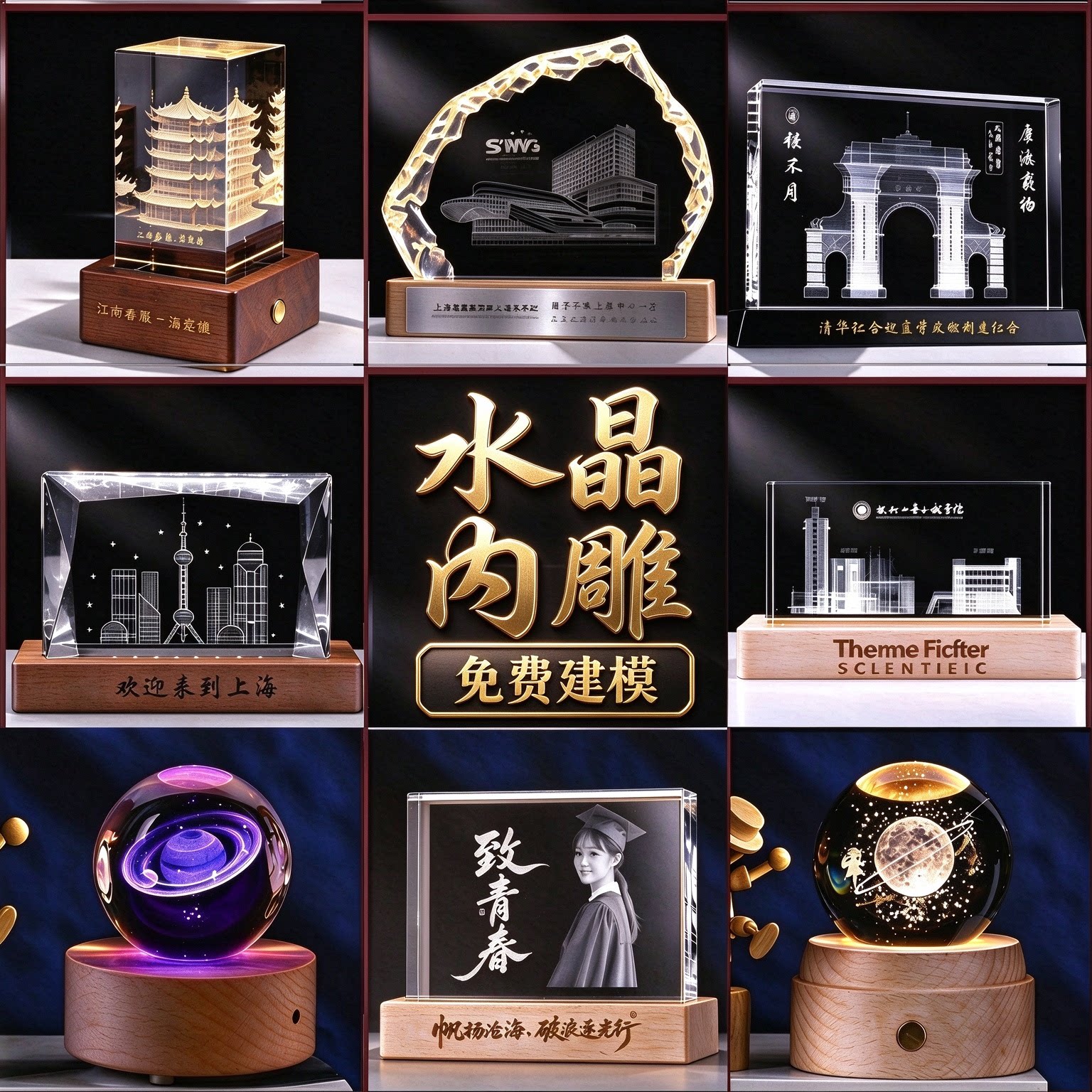 3D内雕定制周年庆纪念礼品水晶球小夜灯桌面摆件激光雕刻毕业模型