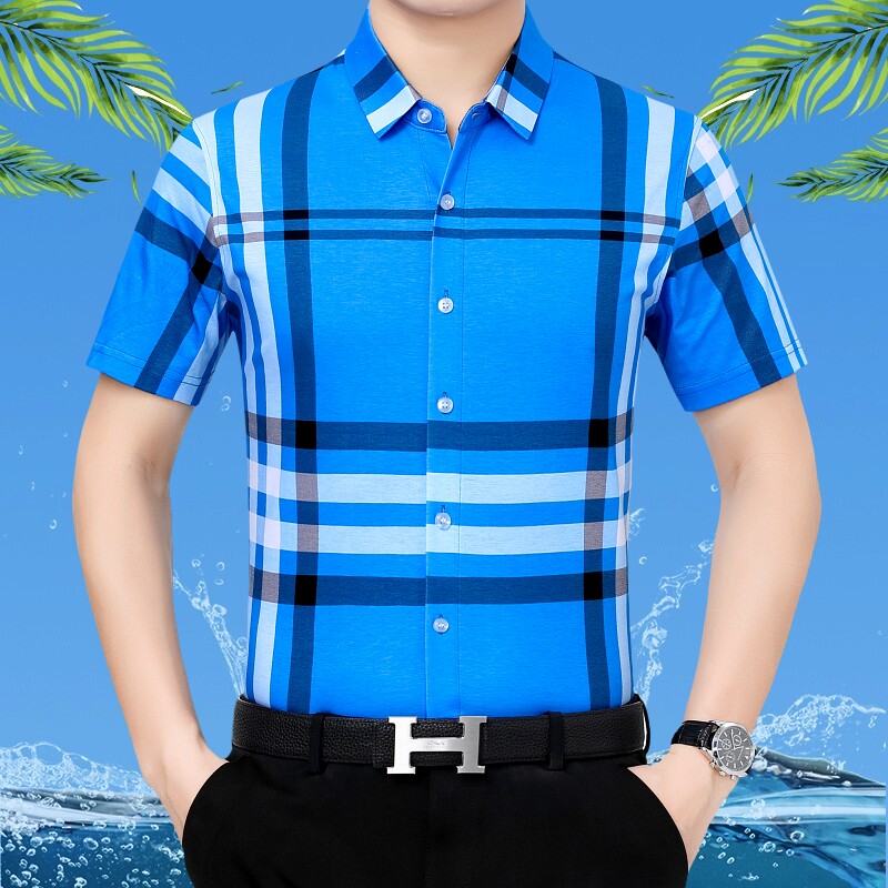 格子短袖男衬衫夏季中老年丝光棉男士衬衣宽松爸爸装薄款免烫