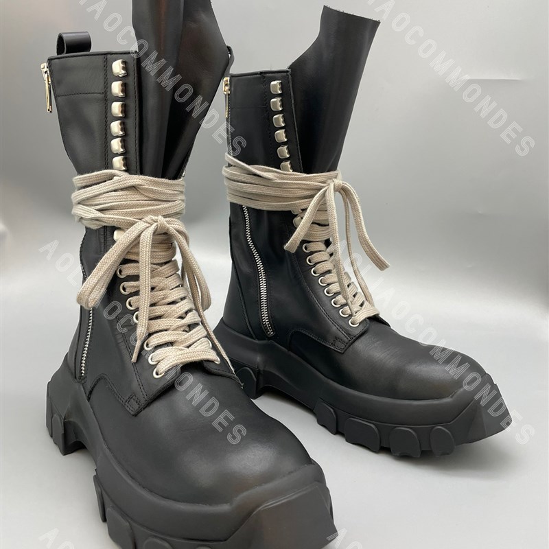 RO暗黑风双拉链经典款沙漠靴绑带章鱼底厚底增高男女高帮长筒靴子