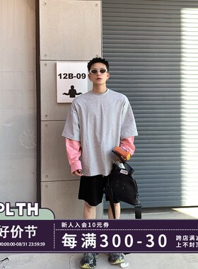 PLTH*假两件撞色拼接圆领长袖T恤男女秋季宽松休闲套头韩版卫衣