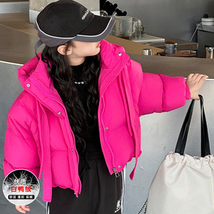 女童短版羽绒衣冬季2023新款黑色连帽洋派儿童羽绒面包服加厚外套