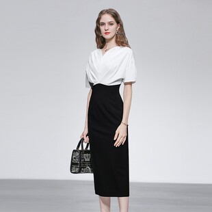 新款 收腰修身 时尚 V领落肩短袖 包臀连衣裙 气质通勤经典 2024夏季
