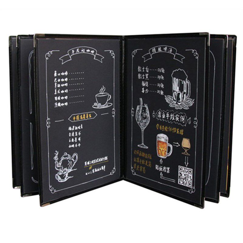 手绘pvc西式菜单l本带插画菜谱防水插页式点菜单DIY创意黑卡酒