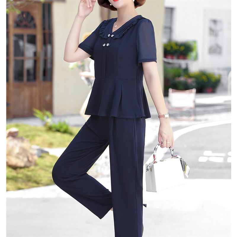 妈妈夏装高级新款洋气上衣时尚减龄套装中老年女短袖雪纺两件套装,女装/女士精品,时尚套装,淘宝优惠券,粉丝福利购,淘宝优惠卷