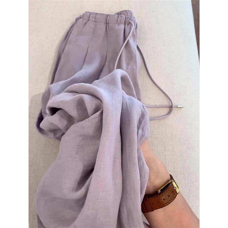 紫色松弛感宽松棉麻休闲裤子女夏季薄款抽绳慵懒风垂感直筒阔腿裤,女装/女士精品,大码裤装,淘宝优惠券,粉丝福利购,淘宝优惠卷