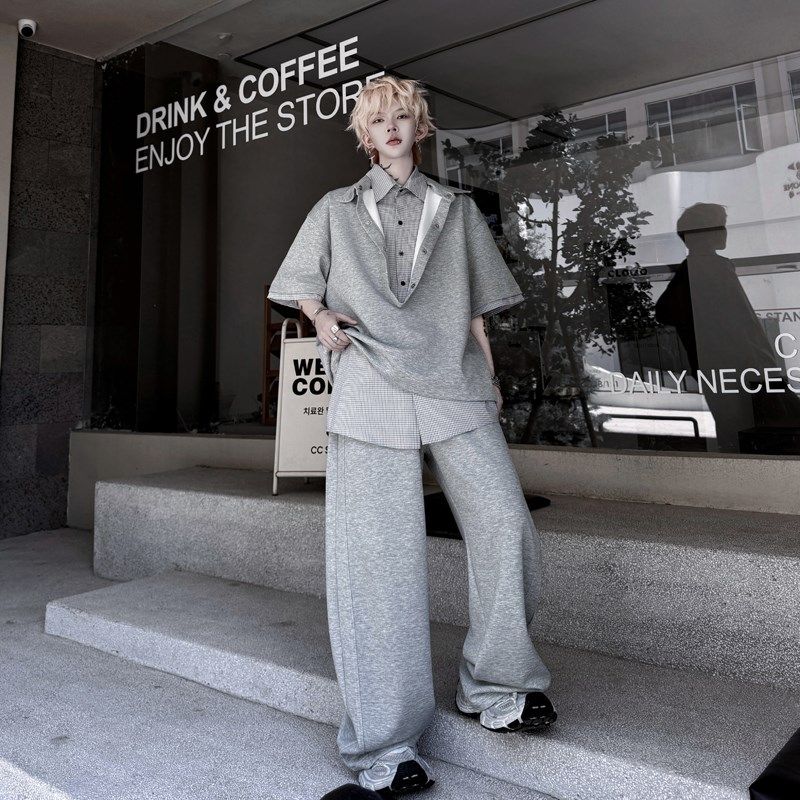 夏装翻领钮扣假两件拼接衬衫领小众短袖卫衣套装阔腿卫裤两件套潮,男装,时尚套装,淘宝优惠券,粉丝福利购,淘宝优惠卷