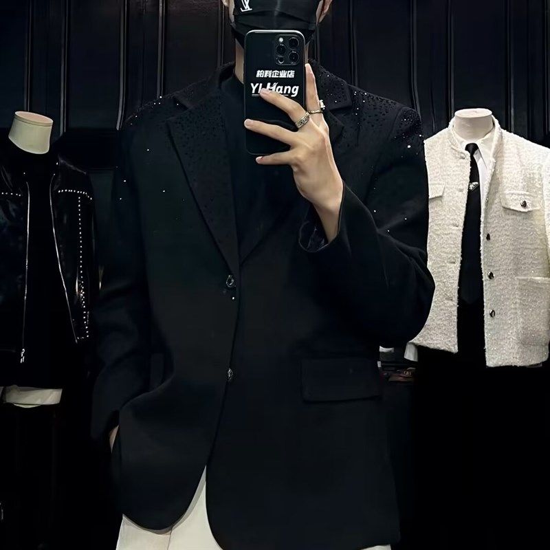 设计款烫钻西装男宽松2024春季新款韩版潮流垫肩纯色夜店西服外套,男装,休闲西服,淘宝优惠券,粉丝福利购,淘宝优惠卷