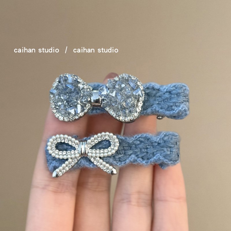 海盐珍珠蓝!蝴蝶结毛呢发夹!法式精致刘海碎发夹气质边夹盘发器