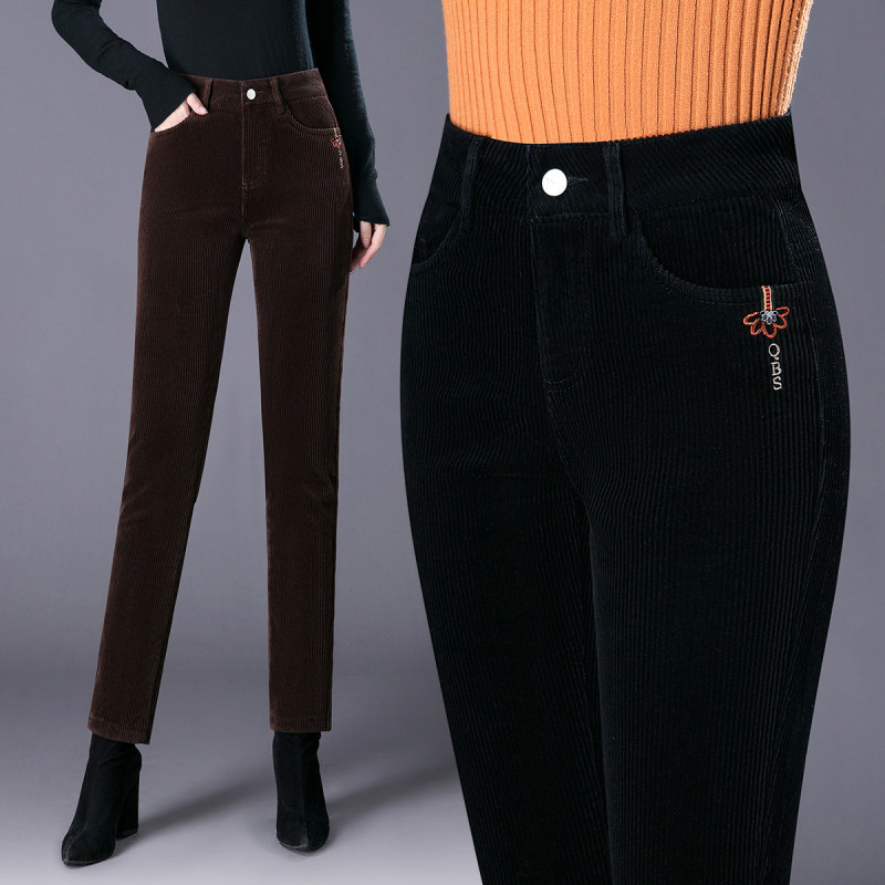 灯芯绒女裤秋冬加绒加厚高腰弹力显瘦女士外穿条绒小直筒休闲棉裤