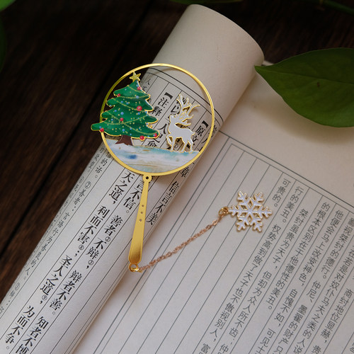 圣诞节金属书签黄铜镂空团扇小清新文艺可爱雪花新年礼品