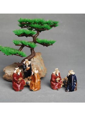 陶瓷休闲公二人三人下棋公盆景鱼缸造景彩色小型摆件书房饰品