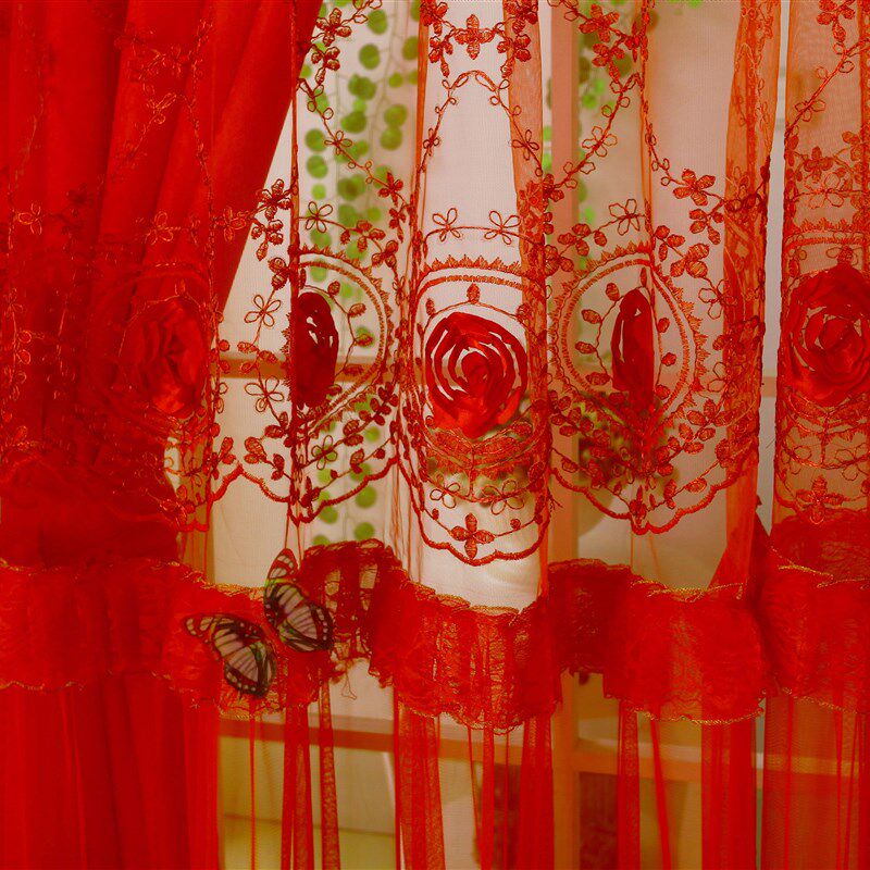 大红结婚绣花蕾丝喜庆婚房韩式窗帘双层客厅卧室飘窗温馨浪漫婚庆