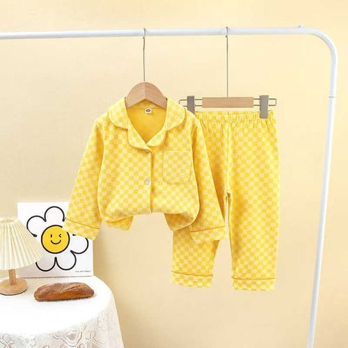 儿童家居服秋冬款A类睡衣2024新款男女宝宝德绒格子长袖开衫套装