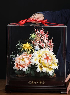 东方泥土 德化白瓷雕塑艺术品传统瓷花工艺客厅装饰摆件/国色天香