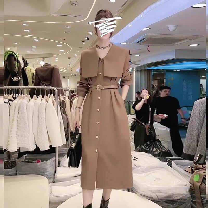 高级感海军领收腰长袖西装连衣裙女2023秋冬季显瘦气质a字裙子