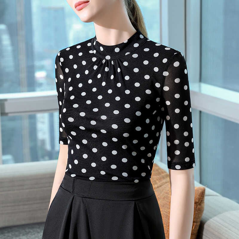 黑色波点网纱t恤女款中袖黑底白点纱衣打底衫小立领沙体上衣春装