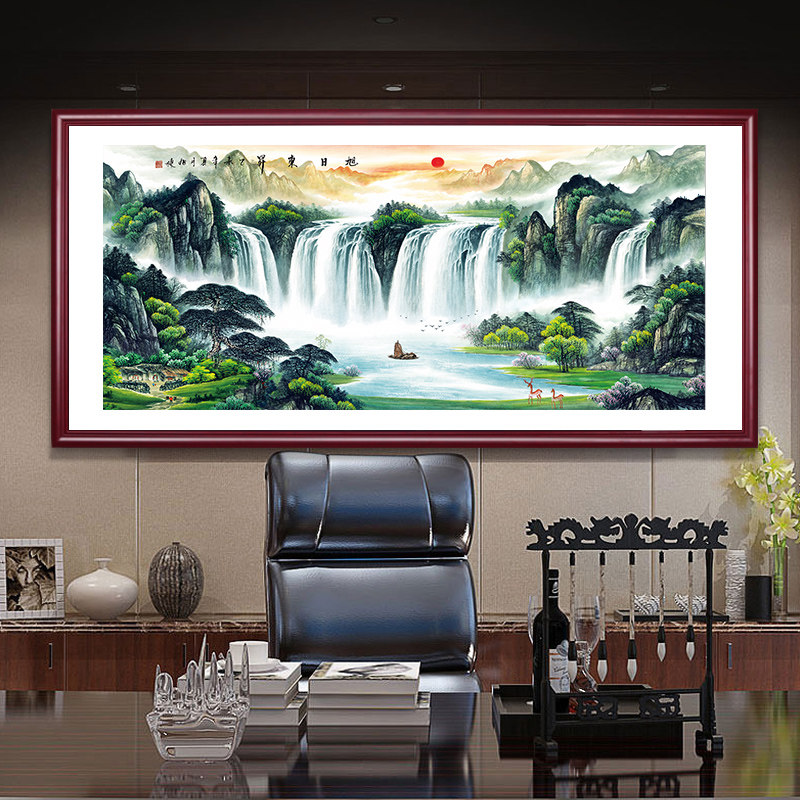 山水挂画客厅装饰壁画办公室招财国画鸿运当头聚宝盆牌匾带框装裱