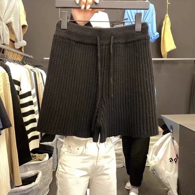 韩国东大门2023秋冬新款系绳松紧腰阔腿毛线针织短裤宽松休闲裤女