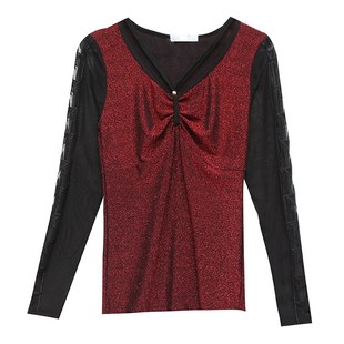 女长袖 紧身打底衫 内搭洋气上衣 新款 性感网纱拼接v领t恤女2020秋装