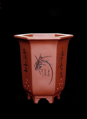 宜兴新款黑色款灰色紫色紫砂陶瓷兰花盆君子兰吊兰盆栽六方宫灯