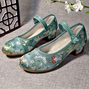 紅色中跟民族風女鞋 漢服春秋季 綠色粗跟婚鞋 旗袍鞋 緞面 中老年布鞋