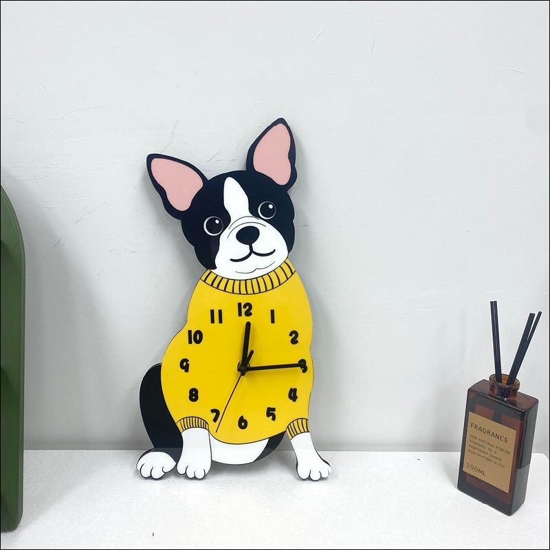 法斗狗狗卡通创意装饰挂墙挂钟宠物店狗舍客厅可爱个性静音时钟表