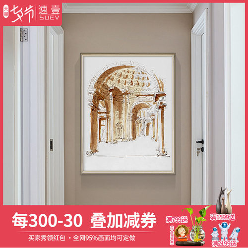 美式复古玄关建筑装饰画欧式走廊挂画竖版大尺寸简美轻奢壁画素描