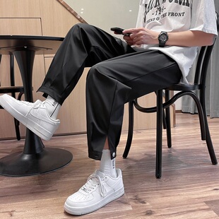 美式抽绳直筒九分卫裤男生宽松韩版休闲哈伦小脚纽扣冰丝小西裤子
