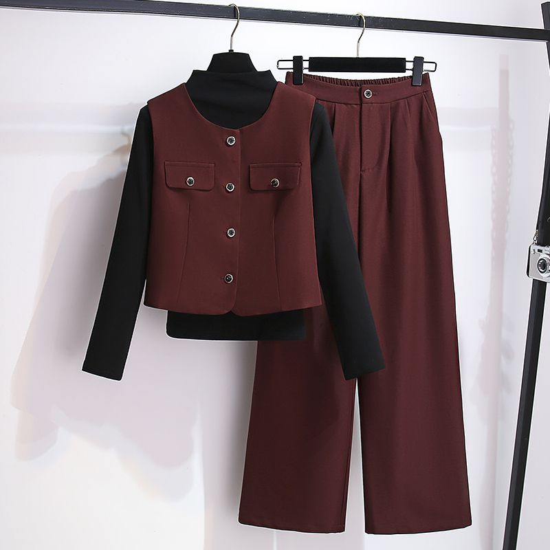 红色西装马甲长袖打底衫阔腿裤女202G4春秋新款时髦精穿搭三件套