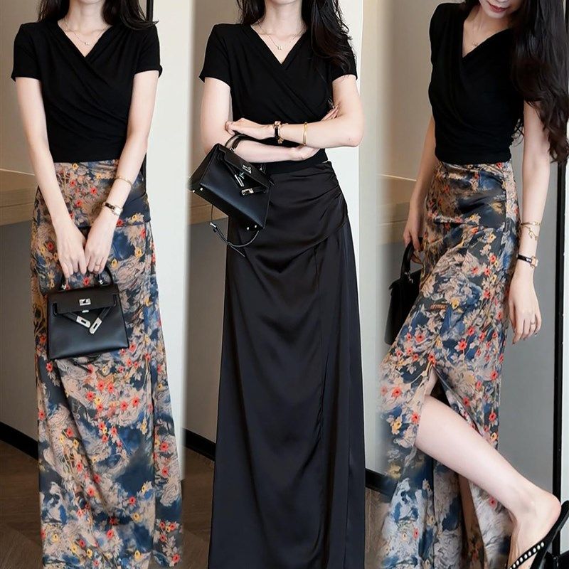 2025夏季新款V领修身短袖上衣印花裙两件套时髦套装,女装/女士精品,时尚套装,淘宝优惠券,粉丝福利购,淘宝优惠卷