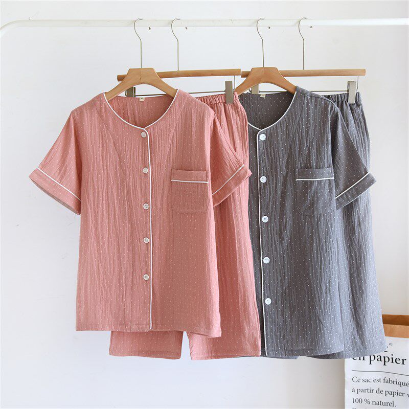 夏季情侣睡衣男女短袖七分裤纯棉色织双层纱布宽松棉纱家居服套装,女士内衣/男士内衣/家居服,睡衣/家居服套装,淘宝优惠券,粉丝福利购,淘宝优惠卷