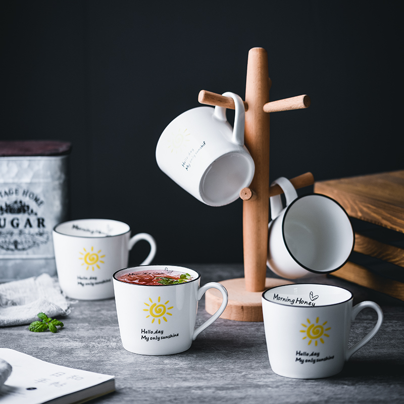 创意陶瓷家用客厅马克杯牛奶早餐杯子水杯茶杯套装带挂架子6个装