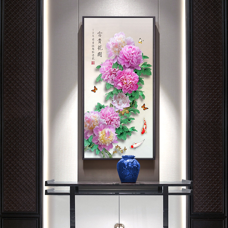 新中式牡丹装饰画走廊过道油画玄关竖版挂画书房客厅壁画花开富贵图片
