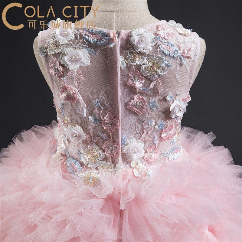 儿童礼服新款公主裙蓬蓬纱女童拖尾晚礼服粉色花童走秀钢琴演出服