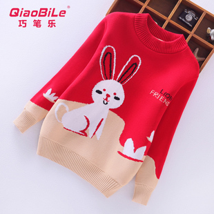 2021秋冬新款中大童加绒加厚圆领针织衫女童纯棉毛衣卡通套头线衫