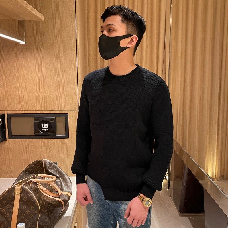 复古风休闲个性加厚粗针毛线衣时尚设计感下摆缺口黑色毛衣男冬季