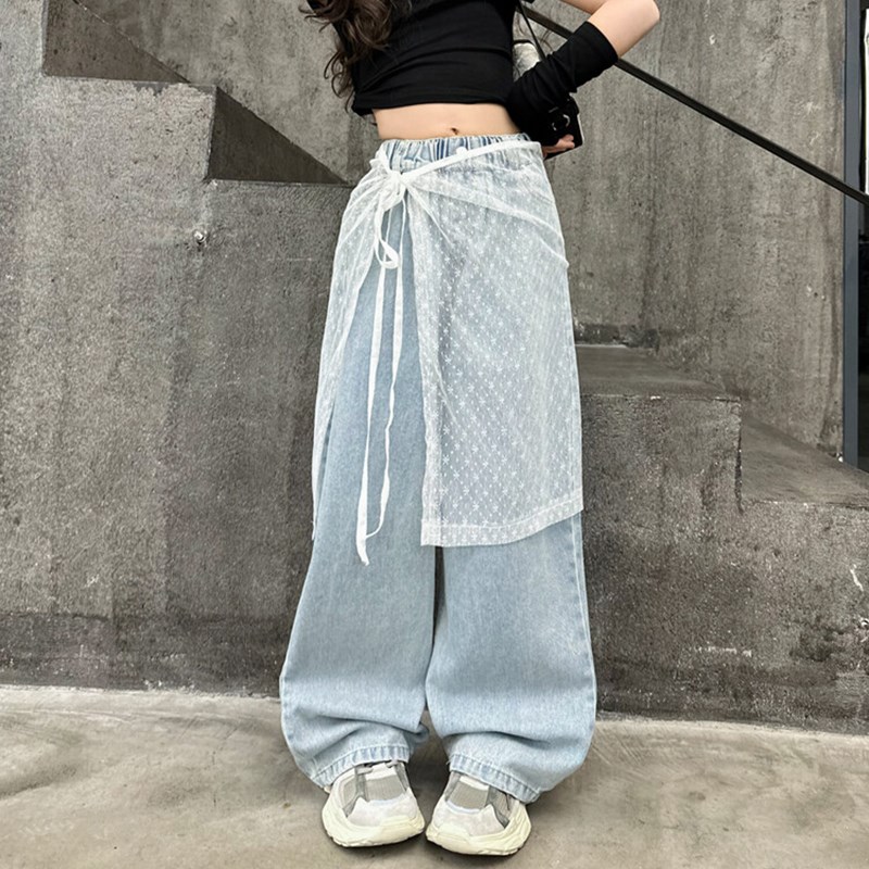 女童牛仔裤洋气弹力喇叭裤2024春季新款中大童女孩网纱裙帘长裤子