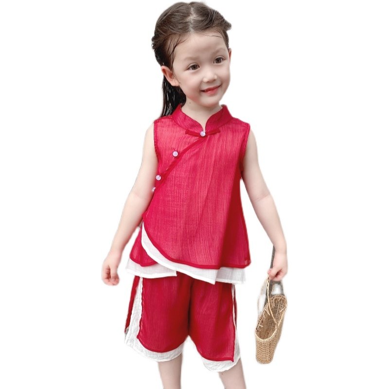 儿童汉服套装夏季中国风无袖童装女童唐装洋气茶服二件套国潮古装