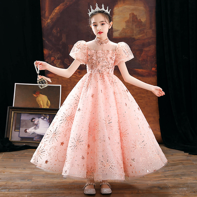 女童生日公主裙儿童高端婚纱花童小女孩主持人钢琴演奏晚礼服粉色