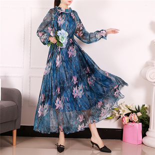 夏季新款雪纺长袖连衣裙碎花气质薄款大码女夏长款到脚踝长裙胖mm