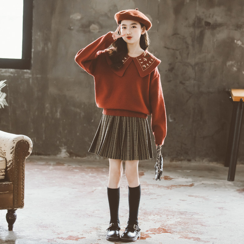 女童连衣裙秋冬款中大童加厚冬季毛衣网红冬装套装裙过年红色裙子