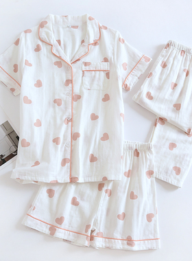 棉纱睡衣三件套女夏季短袖长裤短裤纯棉纱布春秋全棉家居服套装薄